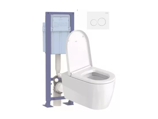 Pack WC suspendu sans bride DURAVIT Me by Starck avec abattant frein de chute + bati support SIAMP + Plaque de commande blanche