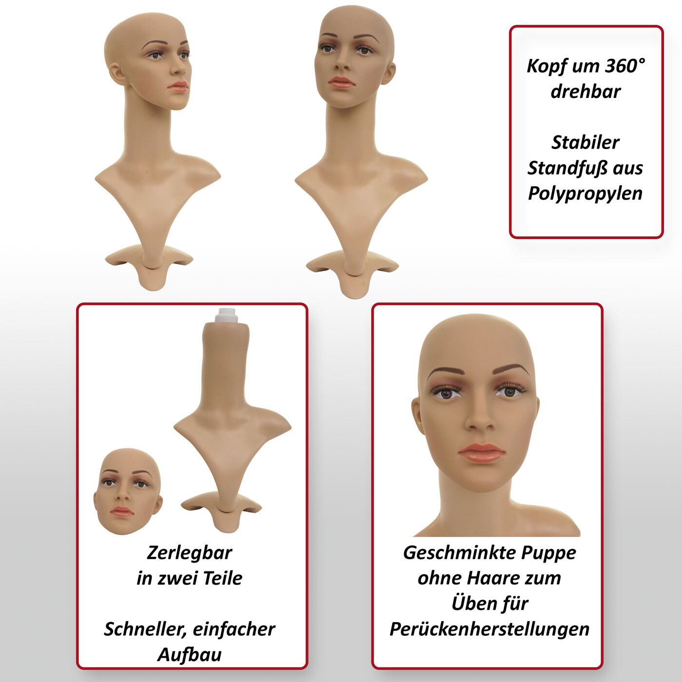 Mannequin-Kopf MCW-G70, Perückenpuppe weiblich Frau Schaufensterfigur Puppe Schaufensterpuppe, beweglich 55cm