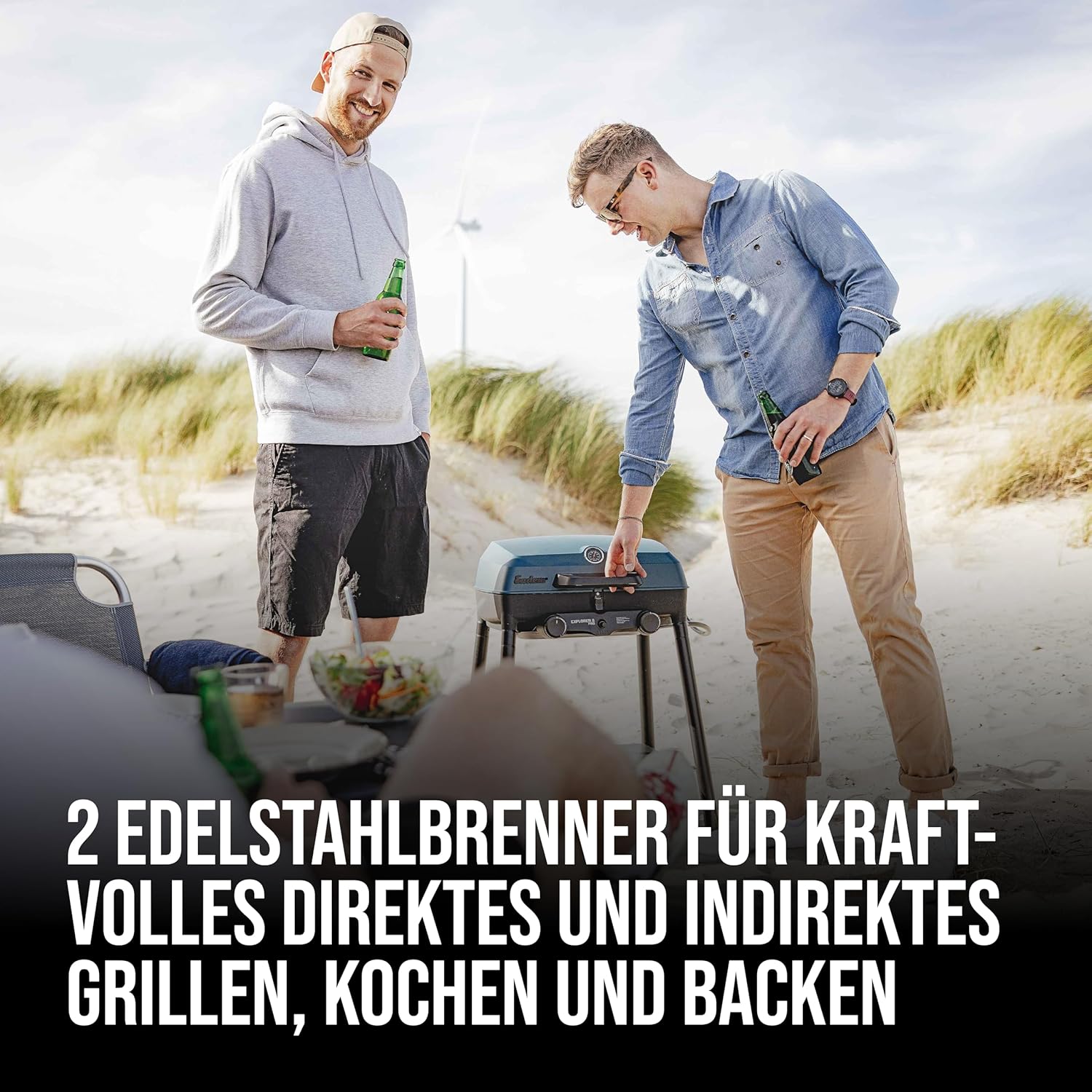 Enders Camping Gasgrill Explorer II Pro, Grill-Thermometer, Grillen-, Kochen-, Backen Funktion, 2 Brenner Edelstahl, kleiner Balkon-Picknick-Grill, Aluguss-Grillwanne #2108