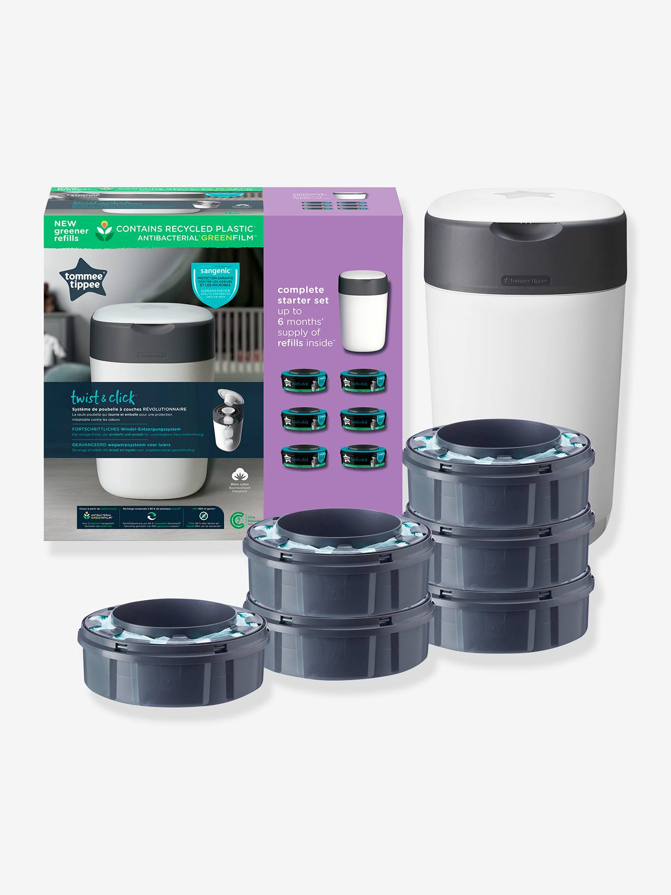 Kit inicial para lixeira de fraldas TOMMEE TIPPEE Twist & Click + 6 refis, branco claro, superfície lisa