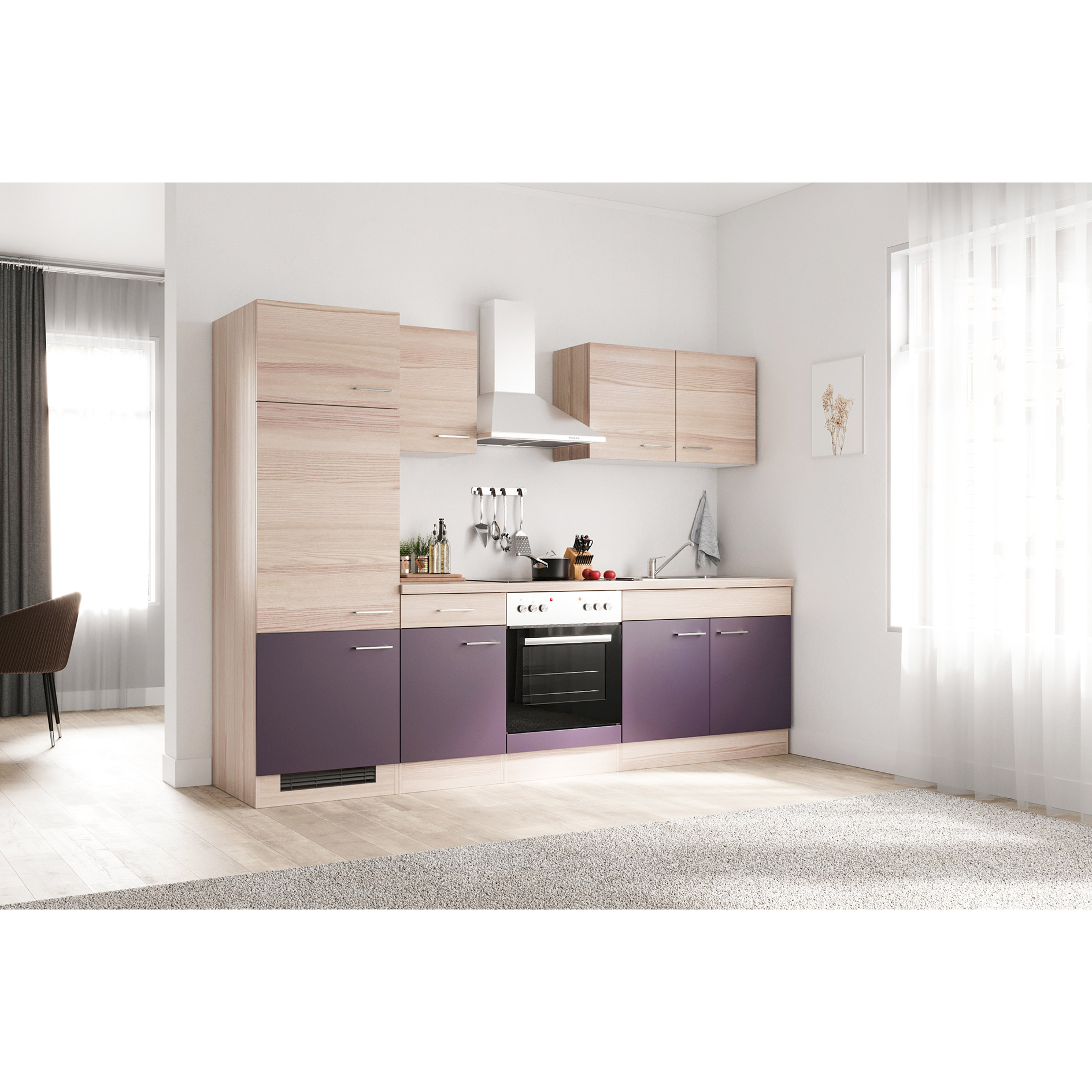 Küchenblock FOCUS - Akazie - aubergine - mit E-Geräten - 270 cm