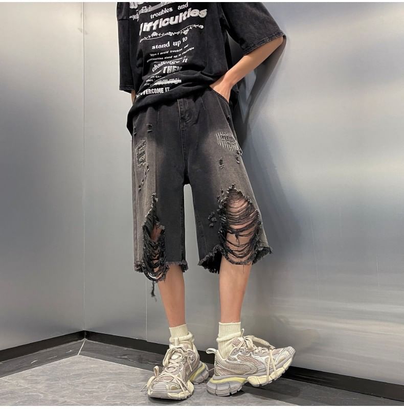Savenne - Mid Rise Washed Distressed Denim Shorts
