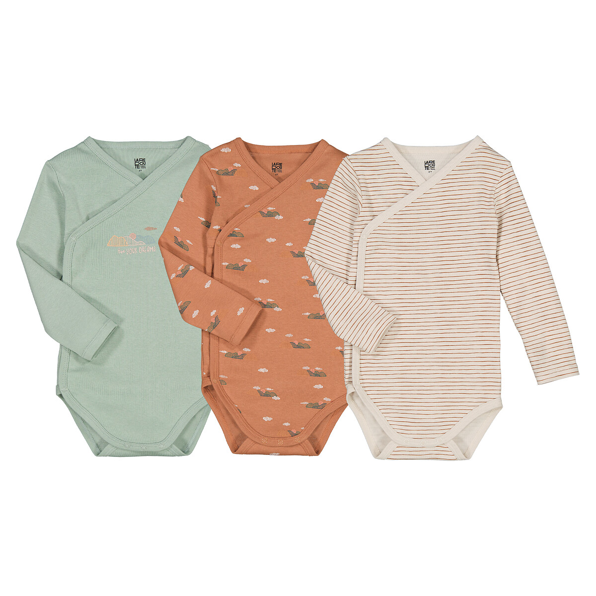 COLEÇÃO LA REDOUTE<br>Conjunto de 3 bodies de manga comprida para recém-nascidos