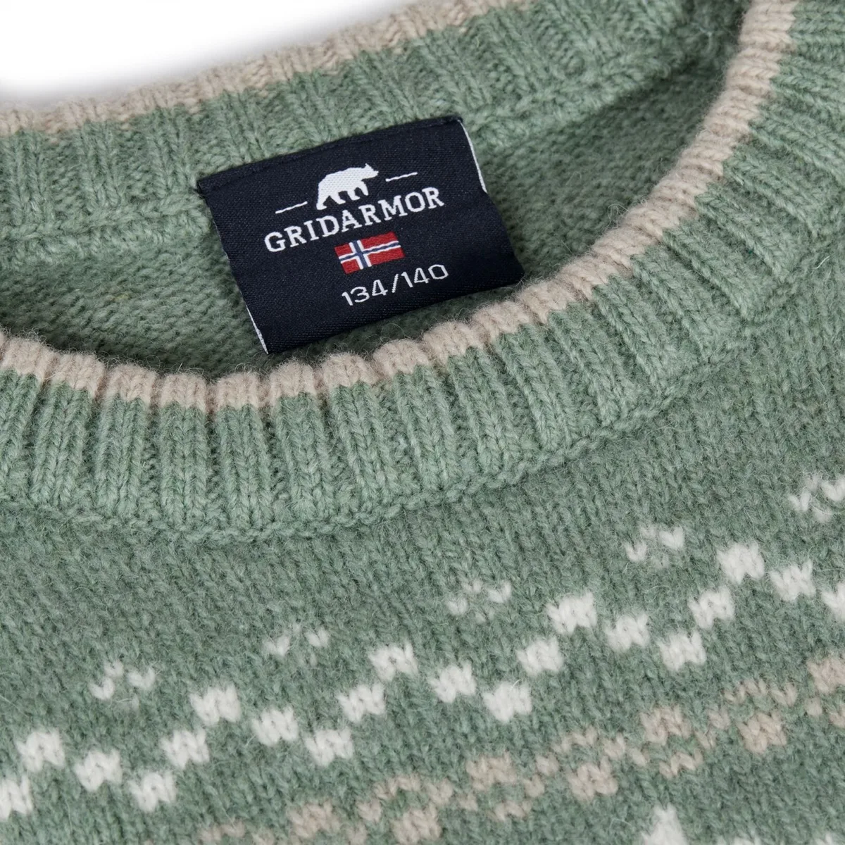 Gridarmor Kids' Snøkrystall Round Neck Ullgenser Green/White/Beige