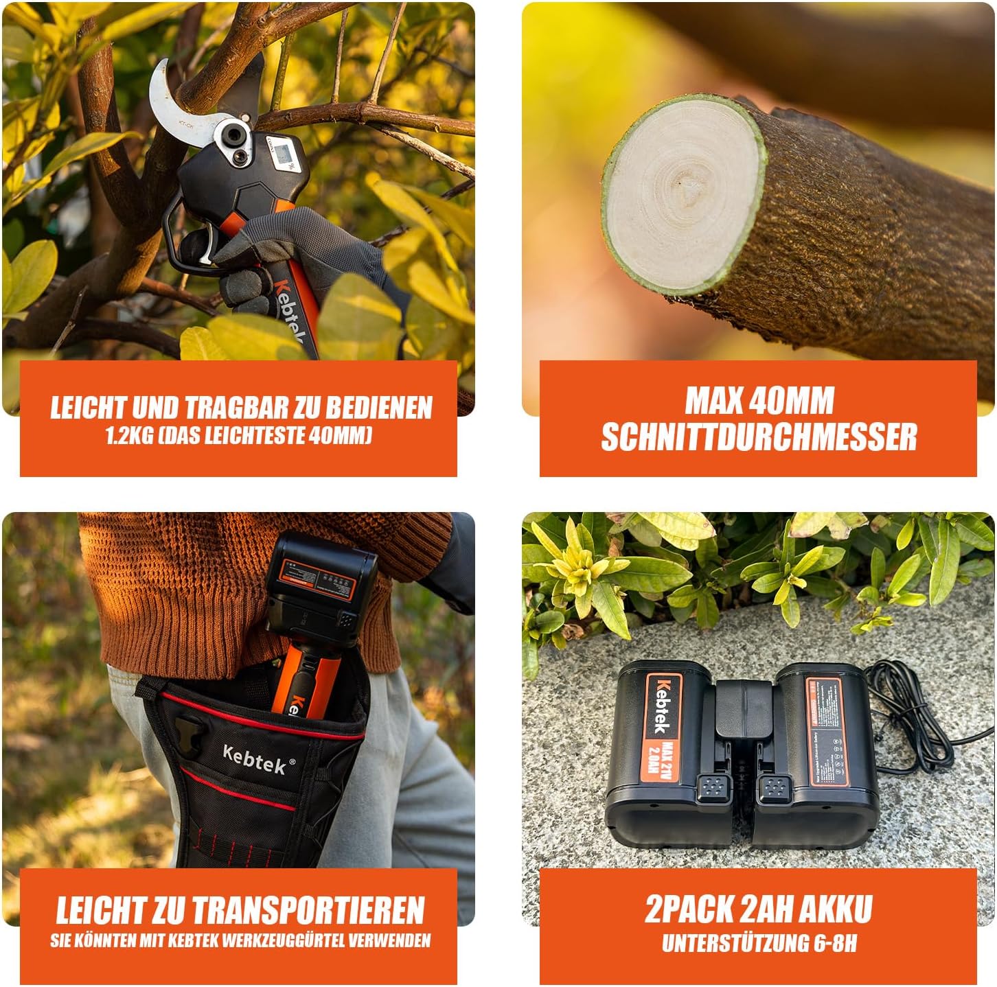 Elektrische Gartenschere 40MM, Kebtek Professionelle Akku Gartenschere18V 2Pack 2AH Lithium Batteries KT940