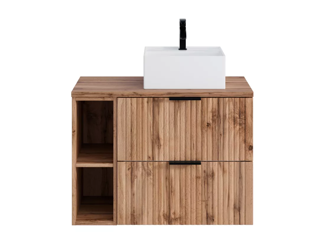 Meuble de salle de bain suspendu strié avec niches et vasque à poser carrée - Naturel clair - L80 cm - ZEVARA