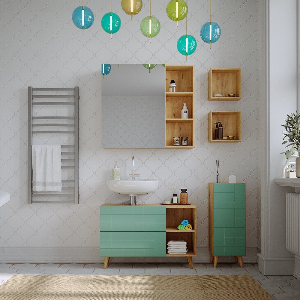 Vicco Badmöbel-Set Rudi in Eiche Evoke Mintgrün, Badezimmer, moderne Badserie Waschbeckenunterschrank Spiegelschrank Midischrank Wandregal