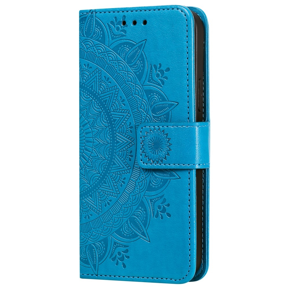 iPhone 12 / iPhone 12 Pro Leder Tasche Wallet - Mandala Flowers Imprint - Blau