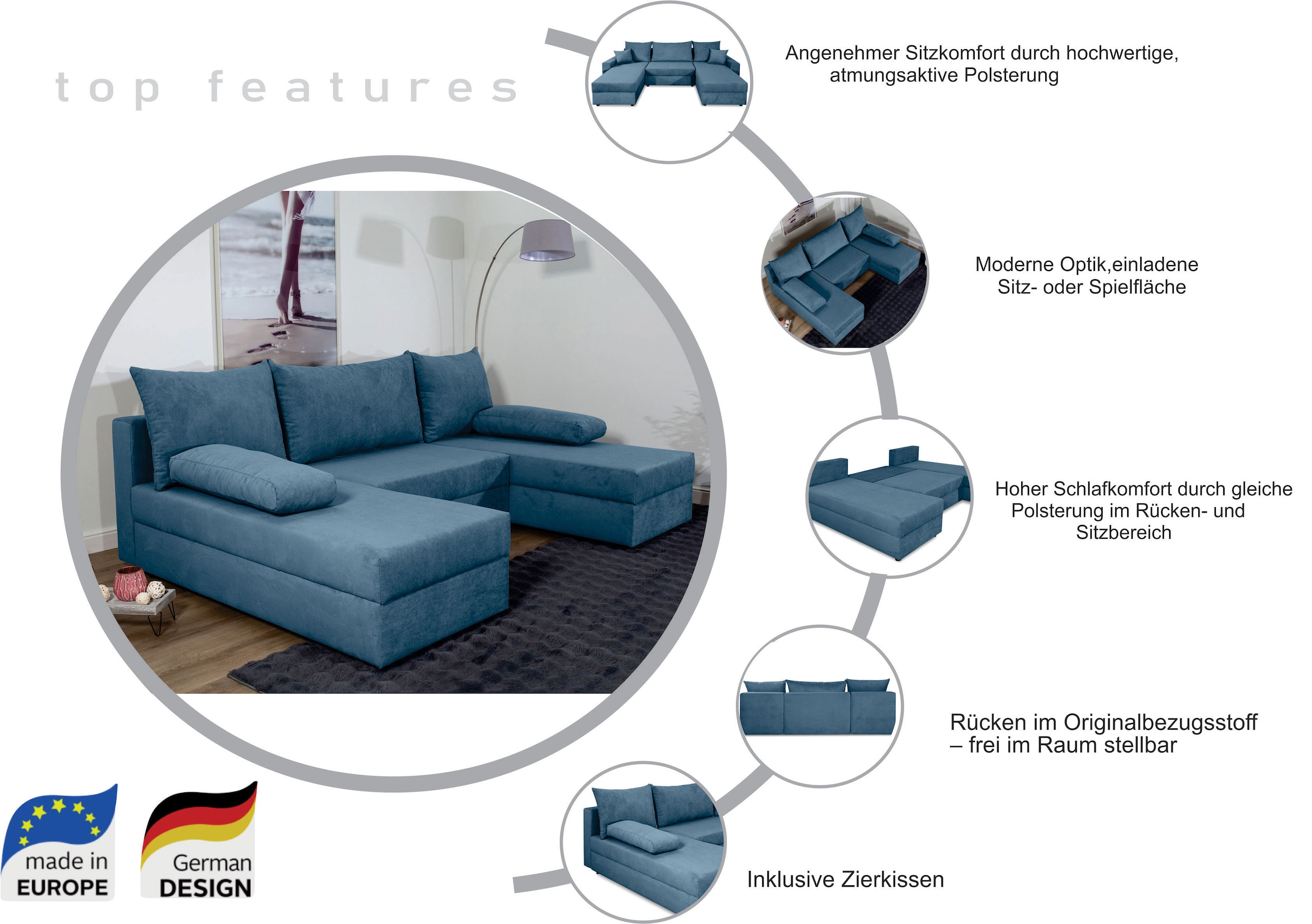 COLLECTION AB Wohnlandschaft »Pico U-Form« Wohnlandschaft,2 X Ottomane,Polyätherschaum Polsterung