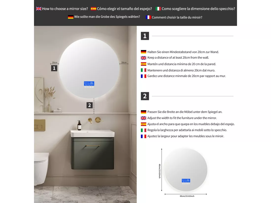 Miroir Salle de Bain avec Éclairage - Rond Ø60 cm - Miroir LED Salle de Bain - avec Tactile, Anti-buée, Horloge, Température, Dimmable
