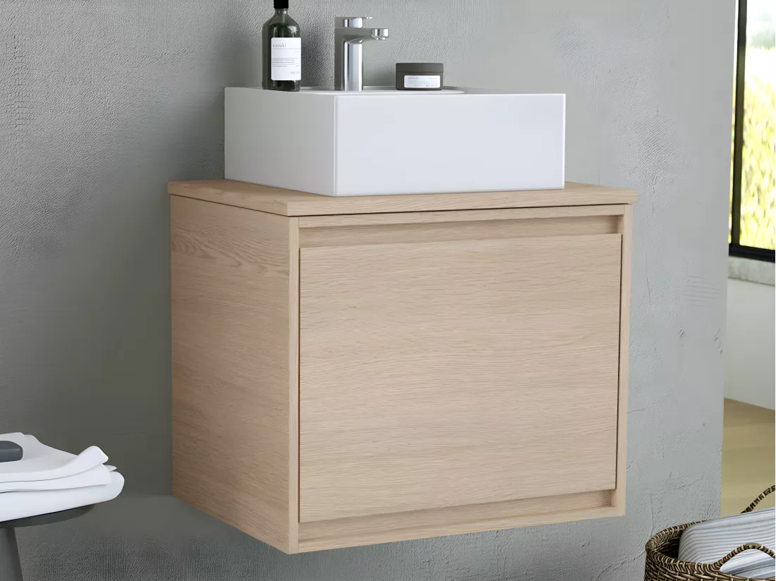 Meuble sous vasque avec tiroir à l'anglaise et planche - 60 cm - Placage chêne - MESLIVA