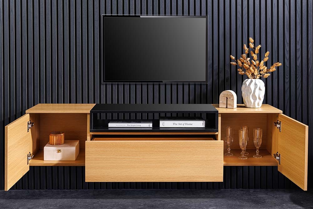 Hängendes TV-Board LOFT 160cm natur schwarz drei Fächer mit Schublade