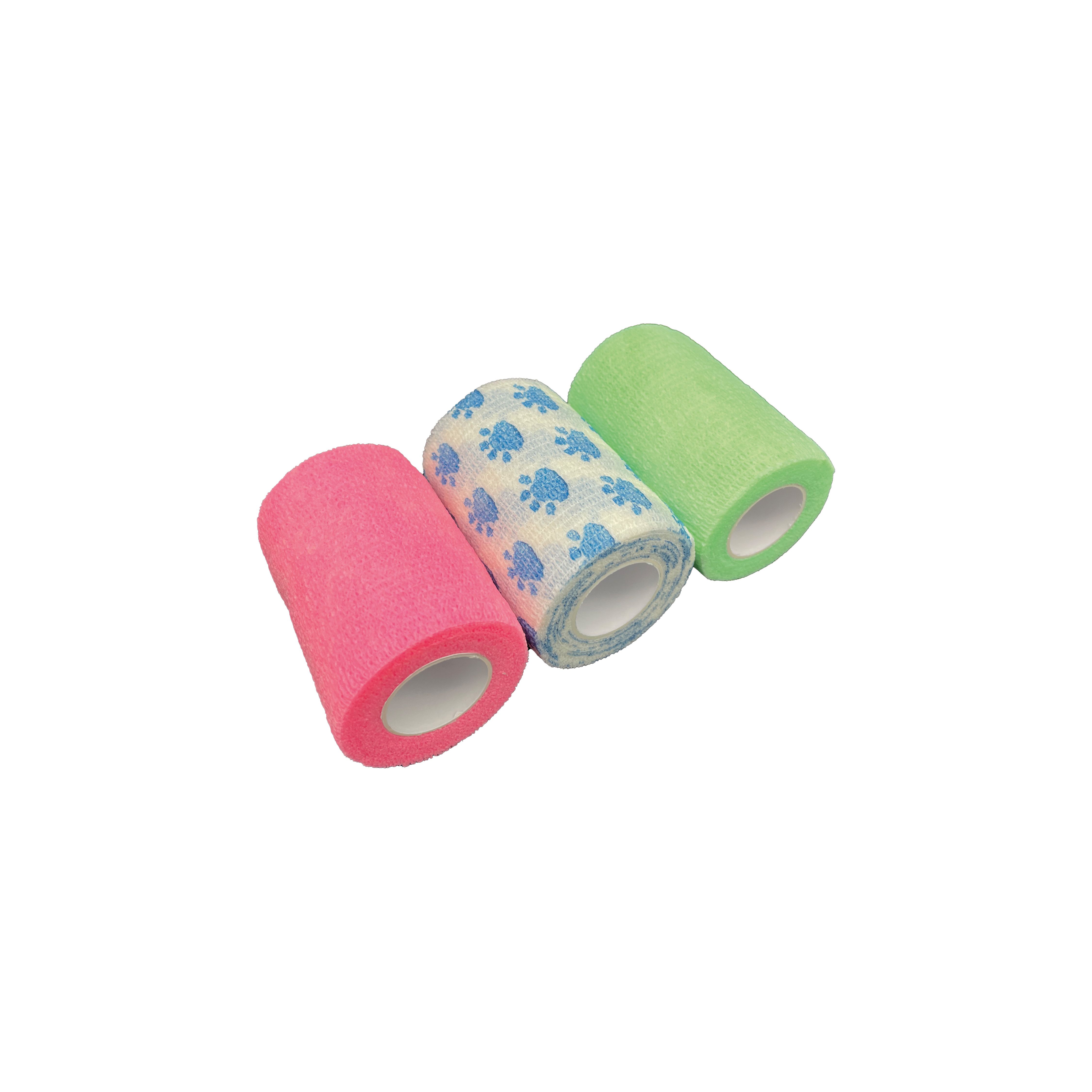 Elastische Kohäsiv Bandage 7,5cm x 4,5m, Neon grün, Neon Orange, weiß mit Pfote 