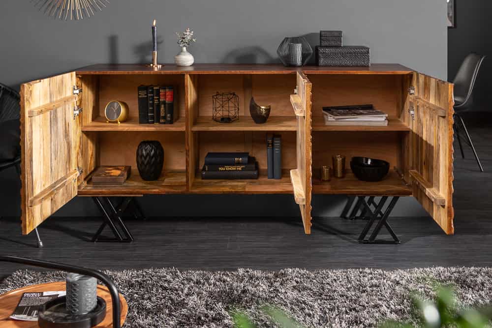 Handgearbeitetes Sideboard FLUID 160cm Mangoholz mit aufwendigen 3D Schnitzereien