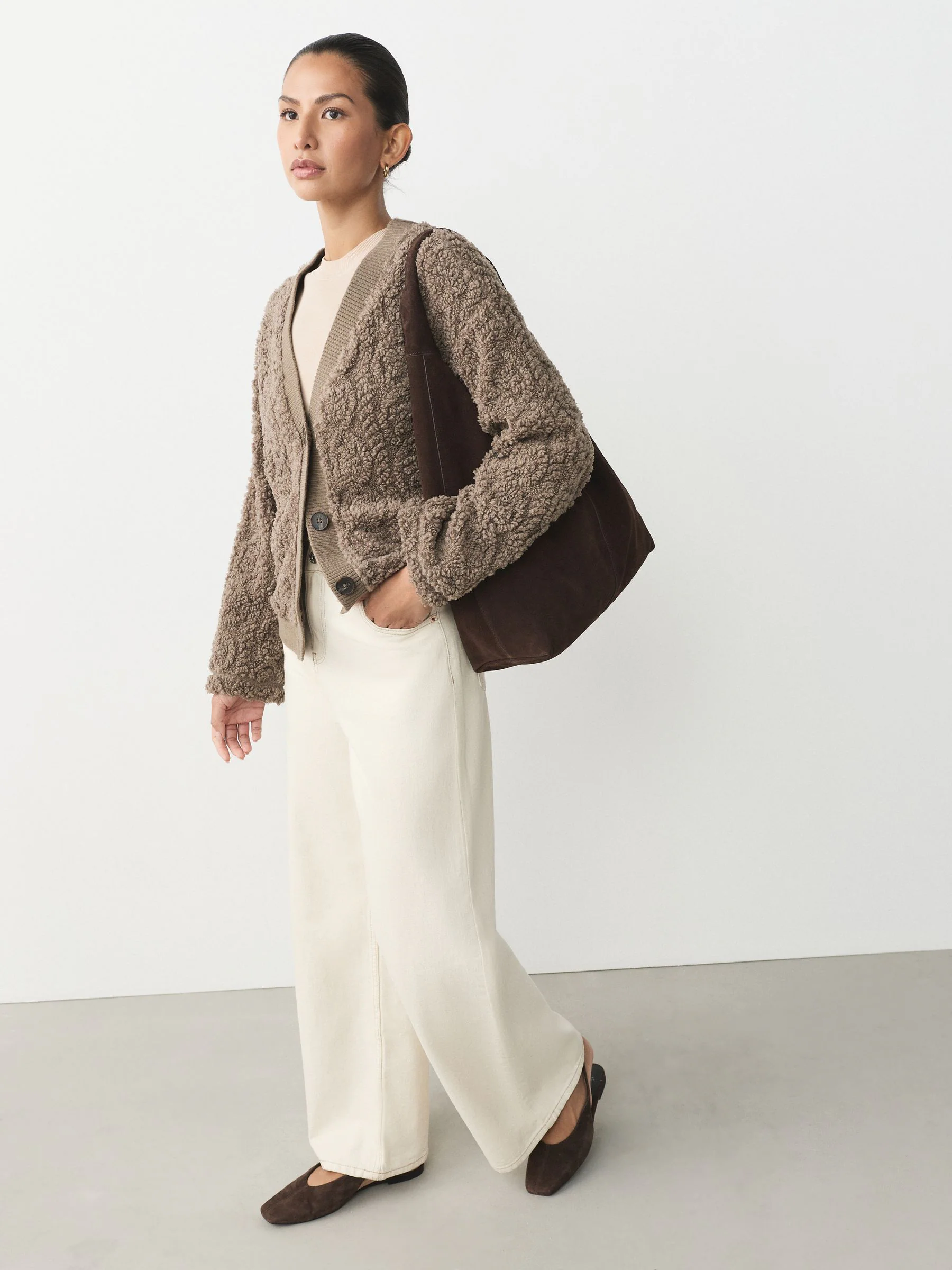 Chocolate Mocha Brown - Fluffy Borg Cable Button Through Cardigan Fleece