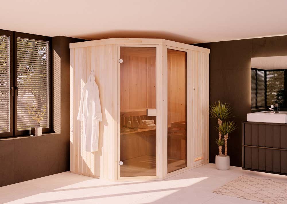 FinnTherm Pearl binnensauna met 2 houten banken, 40 mm dikke wanden, stoomsauna inclusief bevestigingsmateriaal, natuurlijke afwerking, 1,9 x 1,4 m