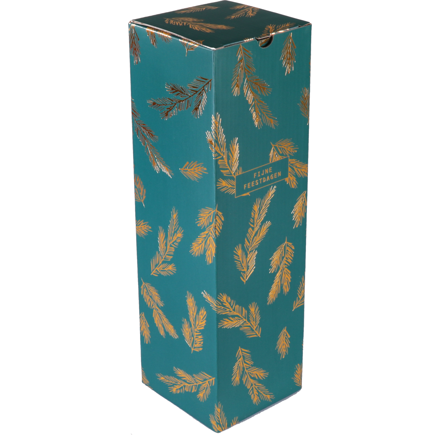Flesdoos, Dennentakjes, karton + PE, 1 fles, 95x95x330mm, Kerstmis, groen/goud