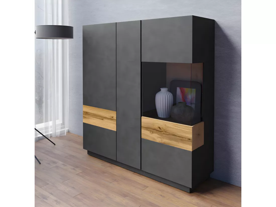 Vaisselier 3 portes Andrea Gris anthracite et Bois