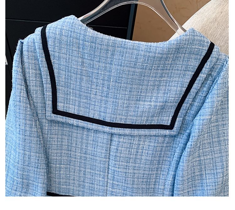 Krezol - Plus Size Lange Mouwen Matrozenkraag Contrasterende Bies Tweed Midi A-lijn Jurk