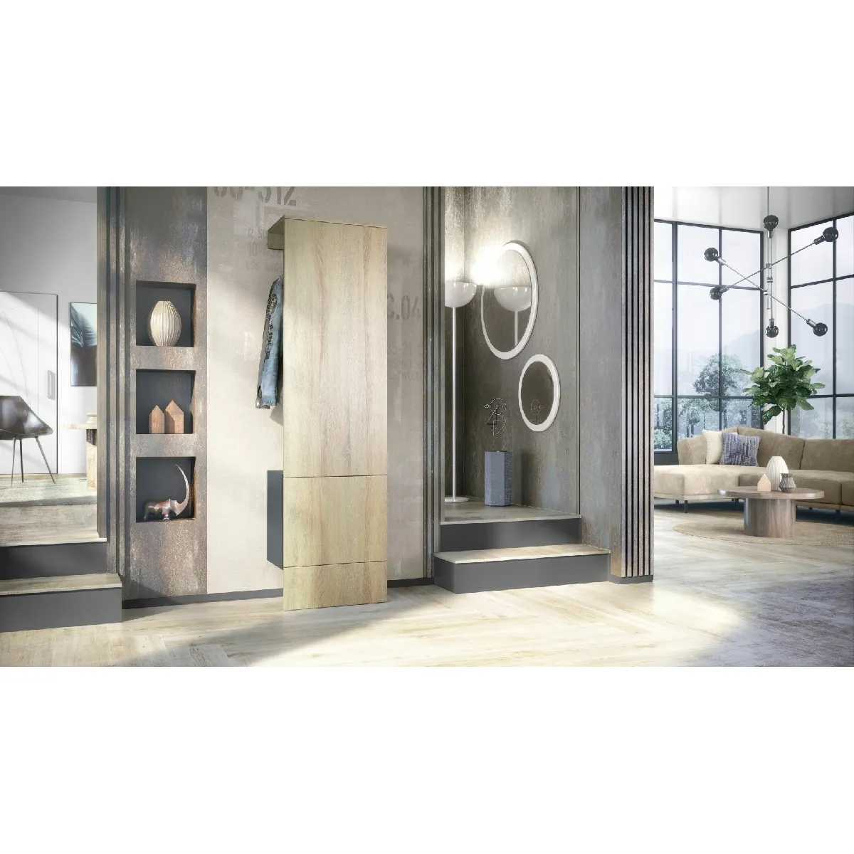 MPC Vestiaire - Gris et aspect chêne - 52 x 193 x 35 cm