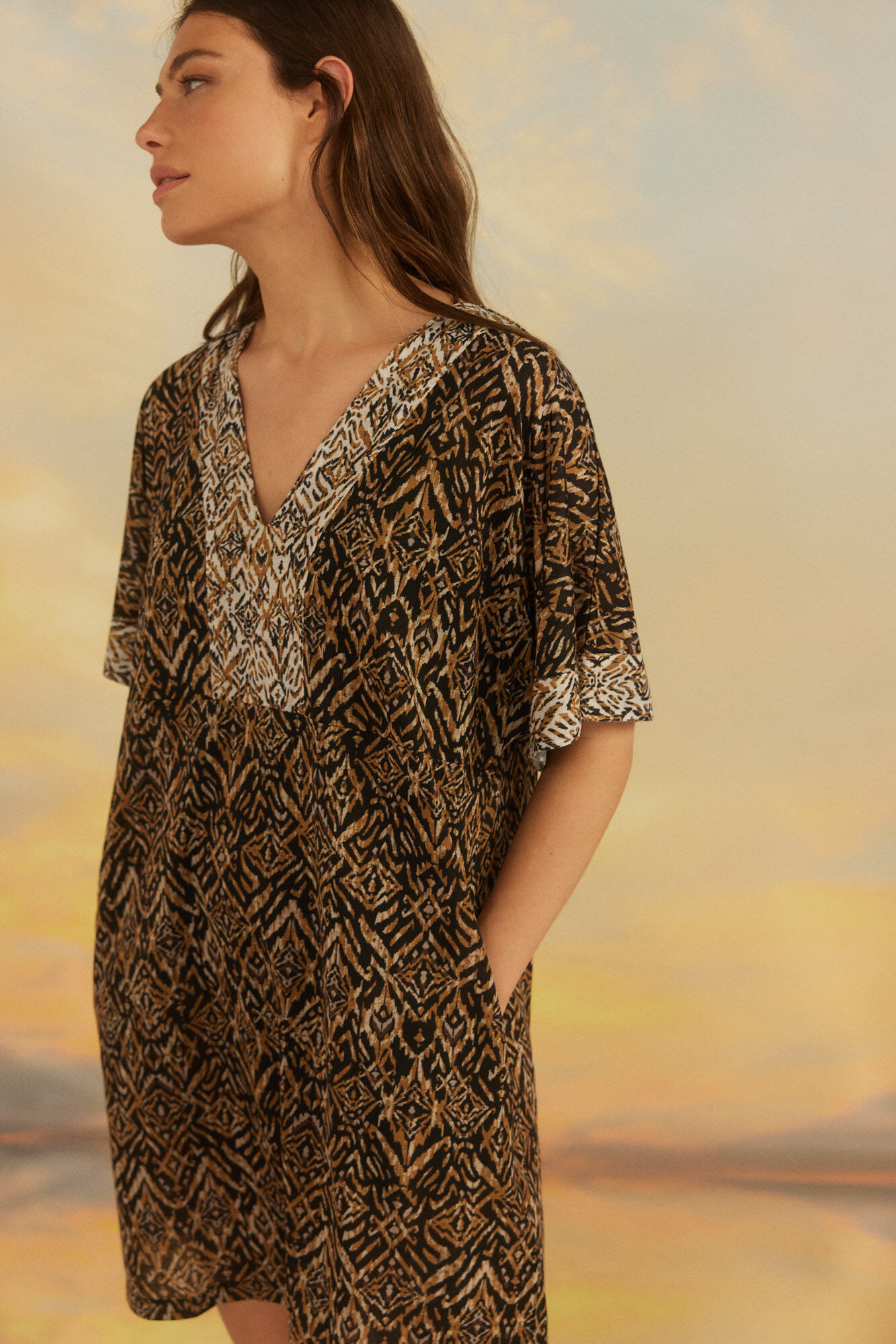 Caftan de malha leve - Dourado