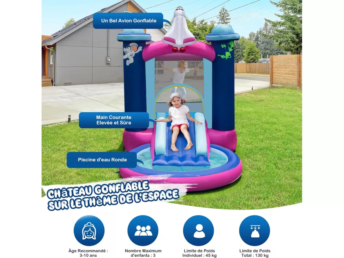 Toboggan Aquatique Gonflable Thème de l'espace avec Piscine à Eclaboussures Toboggan Portable,Sac de Transport et Piquets（sans Gonfleur）