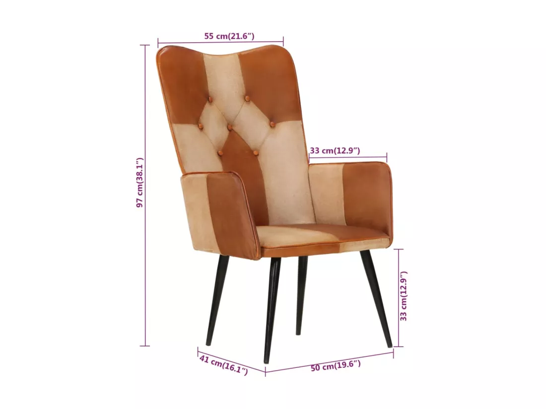 Fauteuil à oreilles Marron et crème Cuir véritable