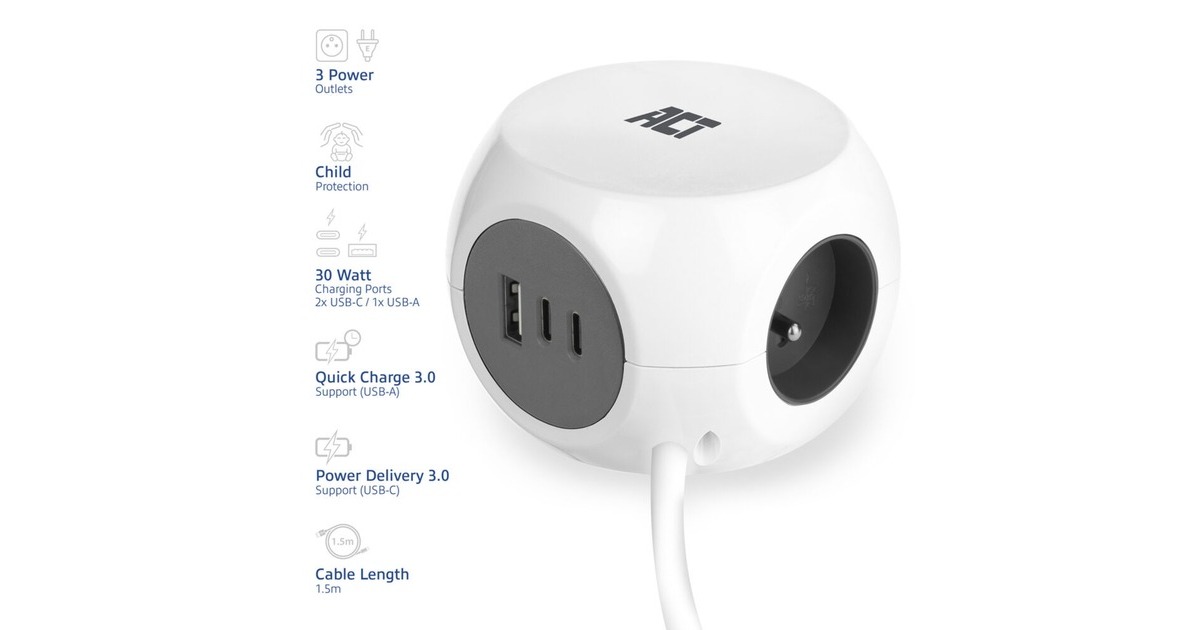 ACT ConnectivityStekkerdoos kubus met 3 stopcontacten, 30W Power Delivery USB-C/A poorten, kabellengte 1,5m stekkerdoos  (Wit, Type E)