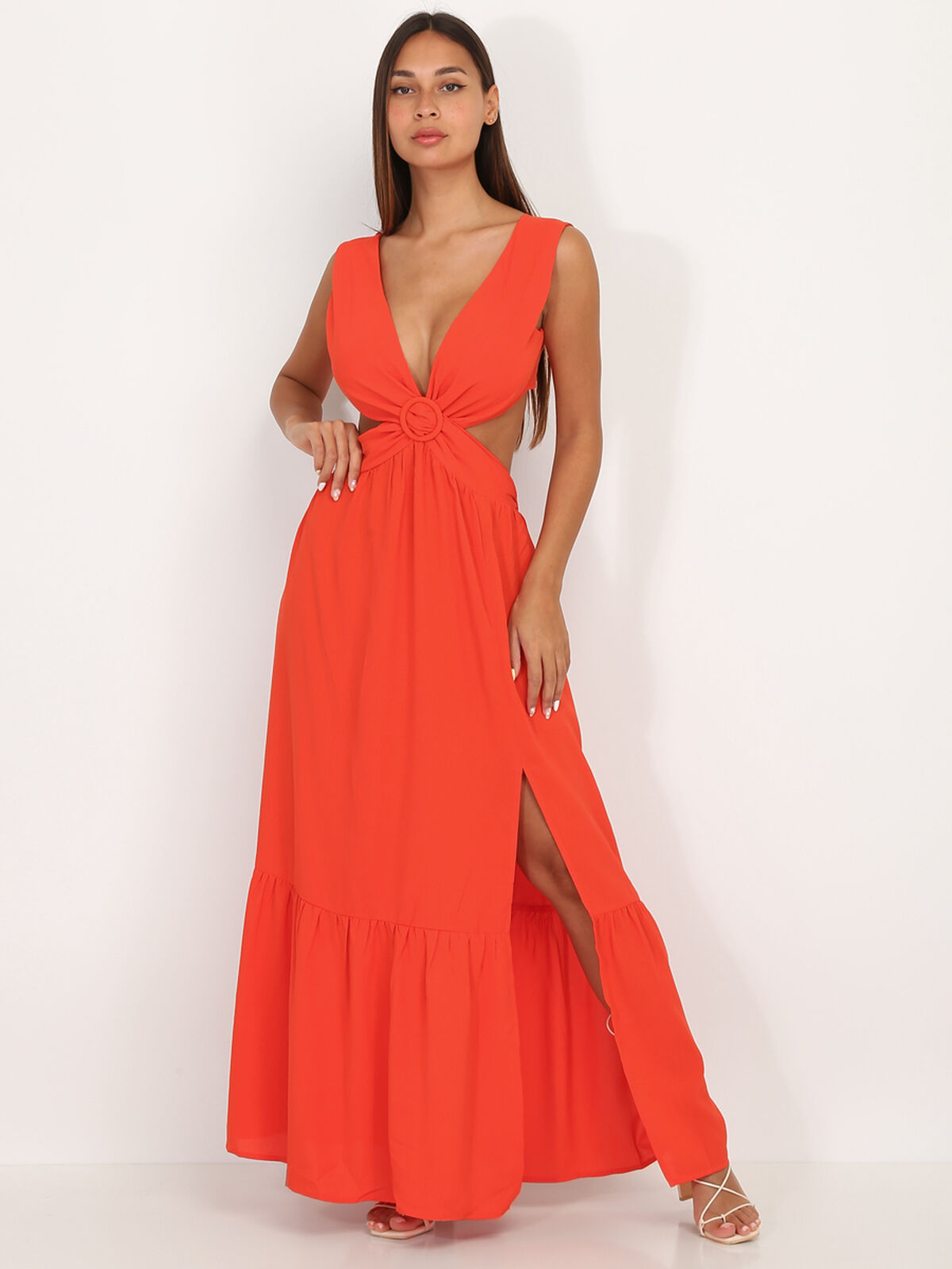 Robe longue cut out à fente- Rouge
