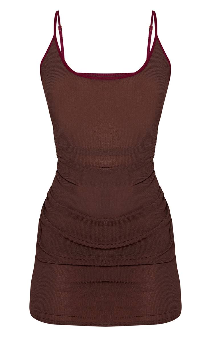 Marron Robe Mini Moulante Côtelée À Bretelles Spaghetti Et Finitions Contrastées