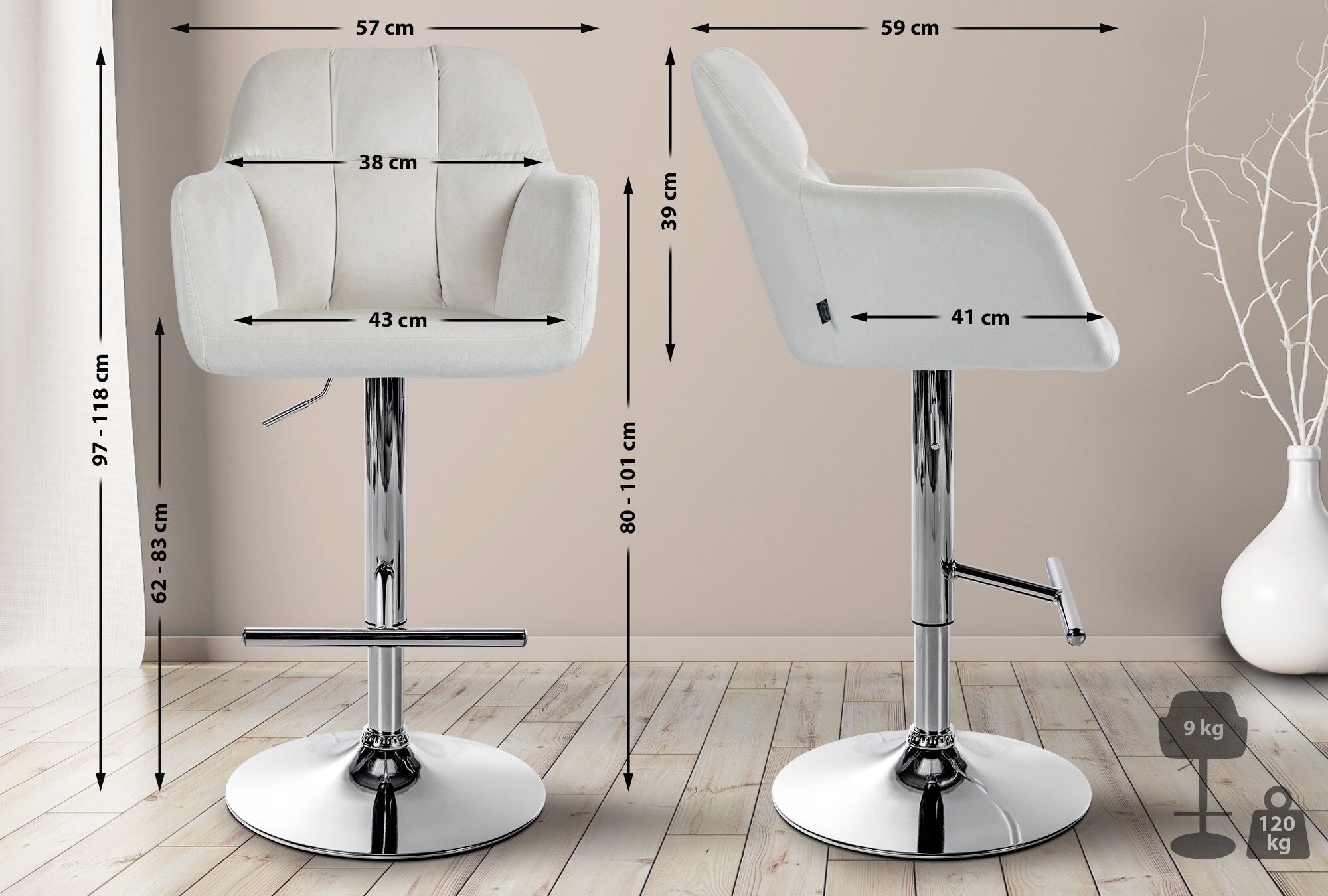 CLP Barhocker Natoma Samt I 360° Drehbar, Metallgestell Höhenverstellbar Mit Fußstütze I Tresenhocker Mit Gepolstertem Sitz Und Rücklehne