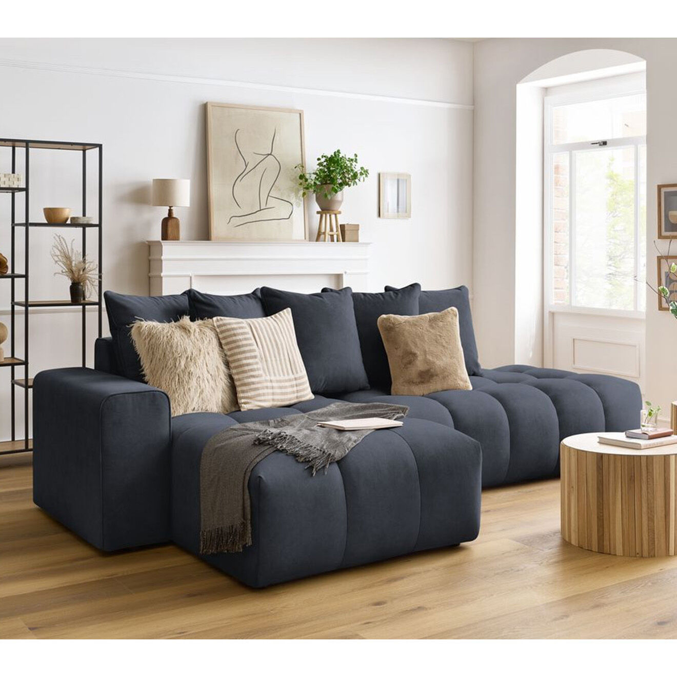 Bobochic Canapé d'angle fixe mont-blanc velours angle gauche bleu foncé foncé foncé - 313x176x97 cm