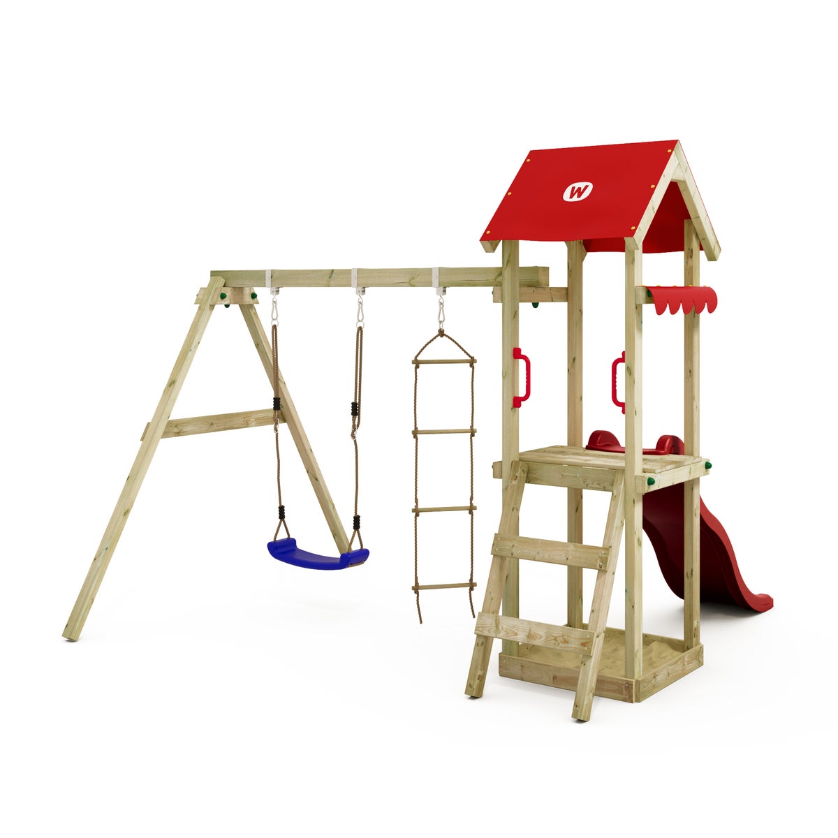 WICKEY TinyCabin Speeltoren Klimrek met Schommel en Glijbaan, Klimtoren met Zandbak, Ladder en Speelaccessoires - Rood
