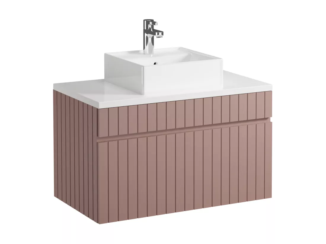 Meuble de salle de bain suspendu strié rose avec vasque à poser - 80 cm - SATARA