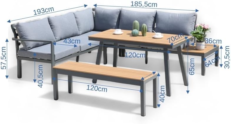 ALEOS. Gartenlounge Lounge Set aus Aluminium und echt Teakholz inklusive Bank Loungeecke Loungegarnitur Sitzgruppe Sofagarnitur Esstischlounge Brasilia grau anthrazit mit bequemen Kissen