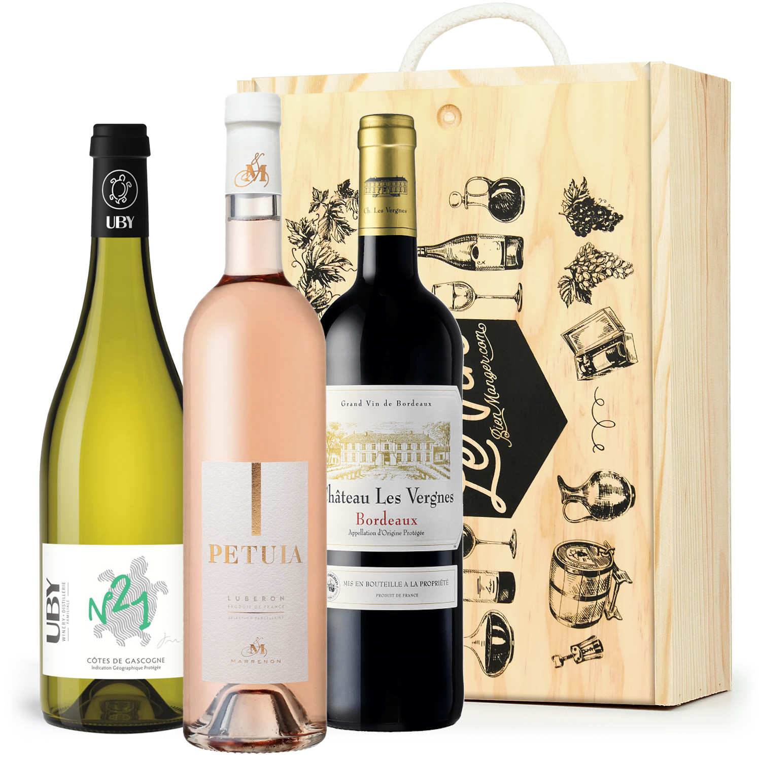 Coffret bois 3 vins 3 couleurs (rouge, blanc, rosé)