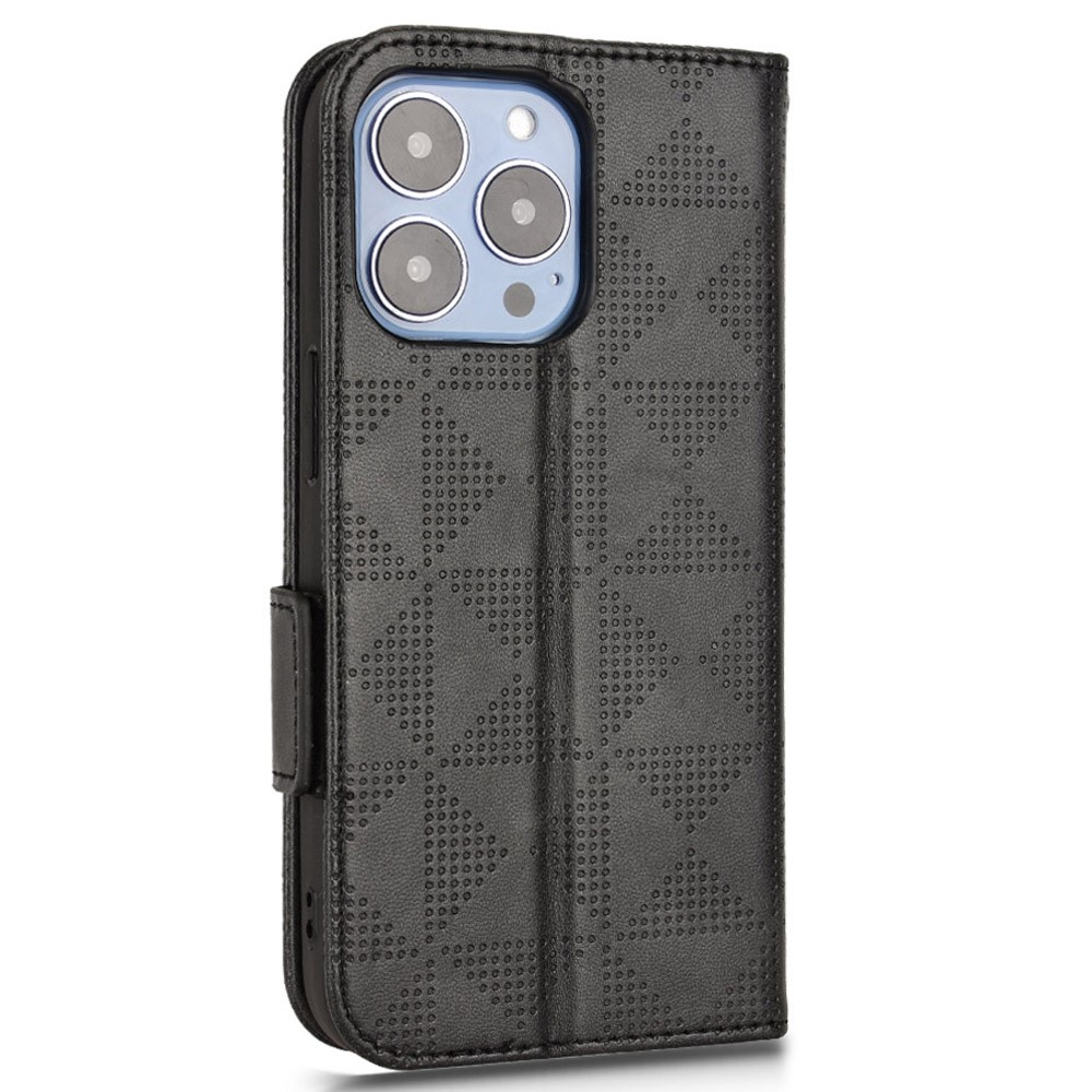 iPhone 13 Pro Leder Tasche Wallet Triangle Dot Imprint - Schwarz