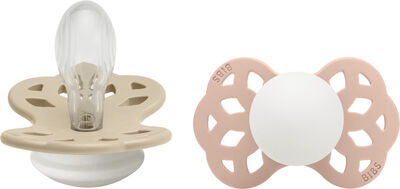 BIBS Infinity Smokker 2-Pack Silikon Str 2 Symmetrisk, Vanilla GLOW/Blush GLOW