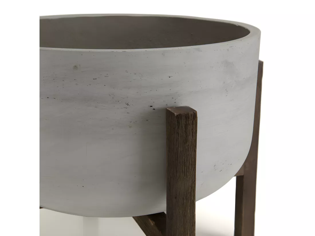 HANS - Pot de fleur rond en béton sur pieds en acacia marron