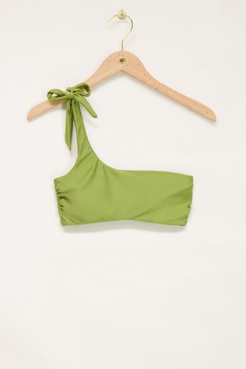 Groen glanzende one shoulder bikini top met strik