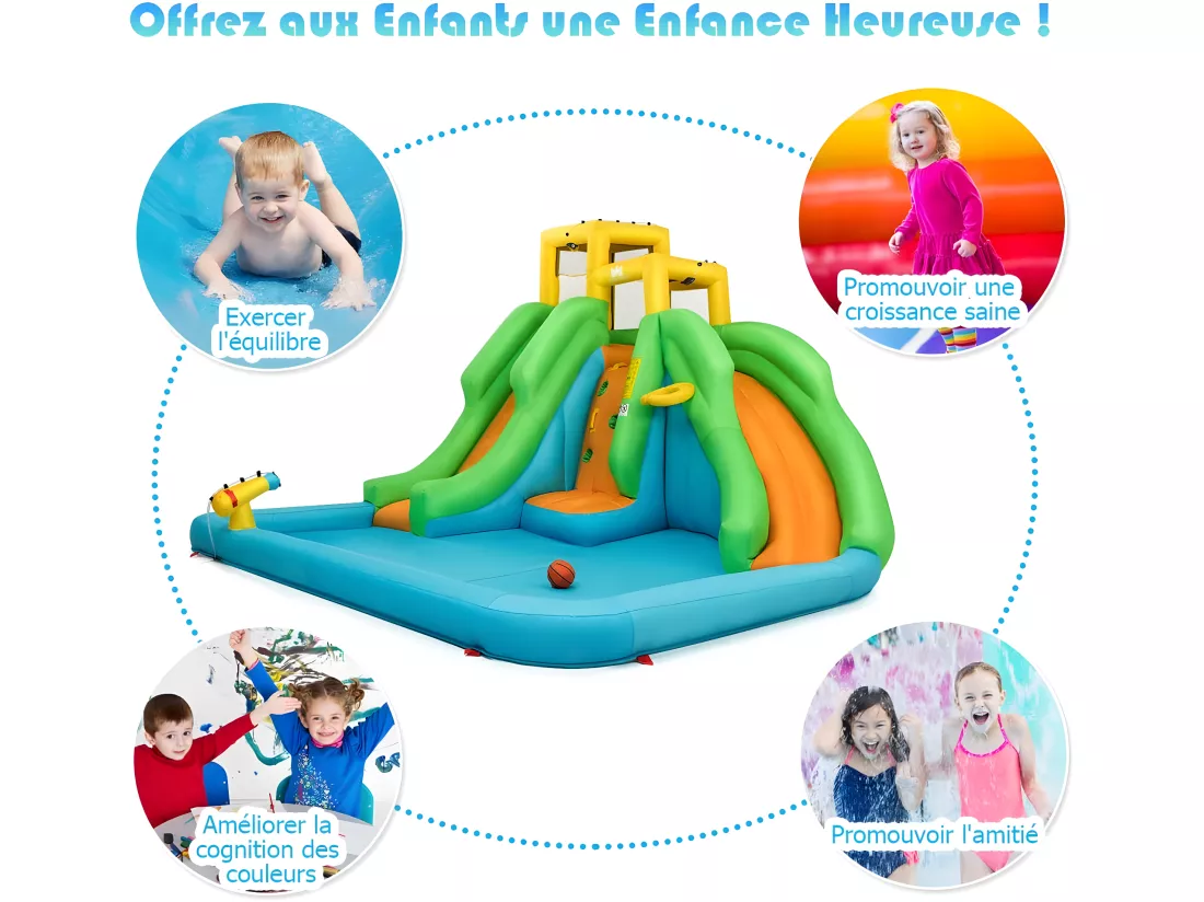 5 en 1 Château Gonflable Enfants avec Toboggan Double, Parc Aquatique Gonflable avec Mur d'Escalade, Panier, Piscine, Canon à Eau, Charge 159kg pour 3 Enfants de 3-10 Ans (avec souffleur 680W)