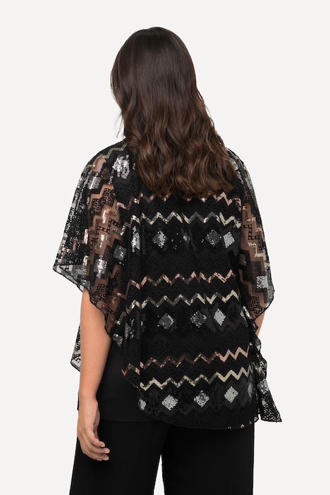 Bluse, doppellagig, Pailletten, V-Ausschnitt, Halbarm