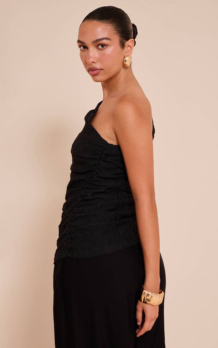 Noir Haut Froncé Asymétrique À Une Épaule En Crochet Texturé