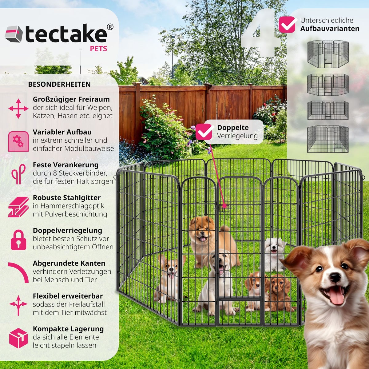 tectake Lisa 8-delige puppyren, opvouwbaar, grondverankering mogelijk