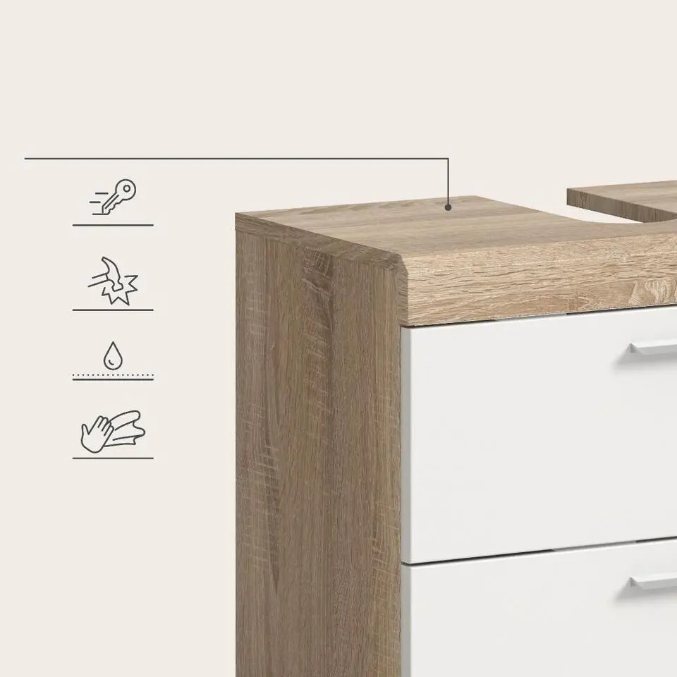 Hioshop Lambada wastafel 2 deuren- 2 lades- 2 planken wit hoogglans- eiken