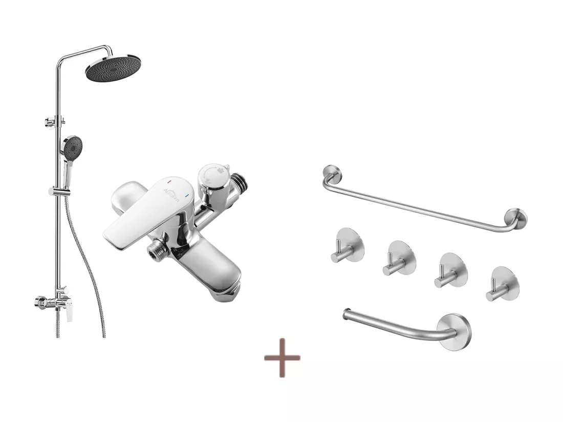 Auralummax Colonne Douche Chromé,avec Mitigeur,Réglable Hauteur 103-139 cm,avec Douchette 3 Jets+Ensemble Salle Bain Accessoire 6 Pièces,Inox,Brossé