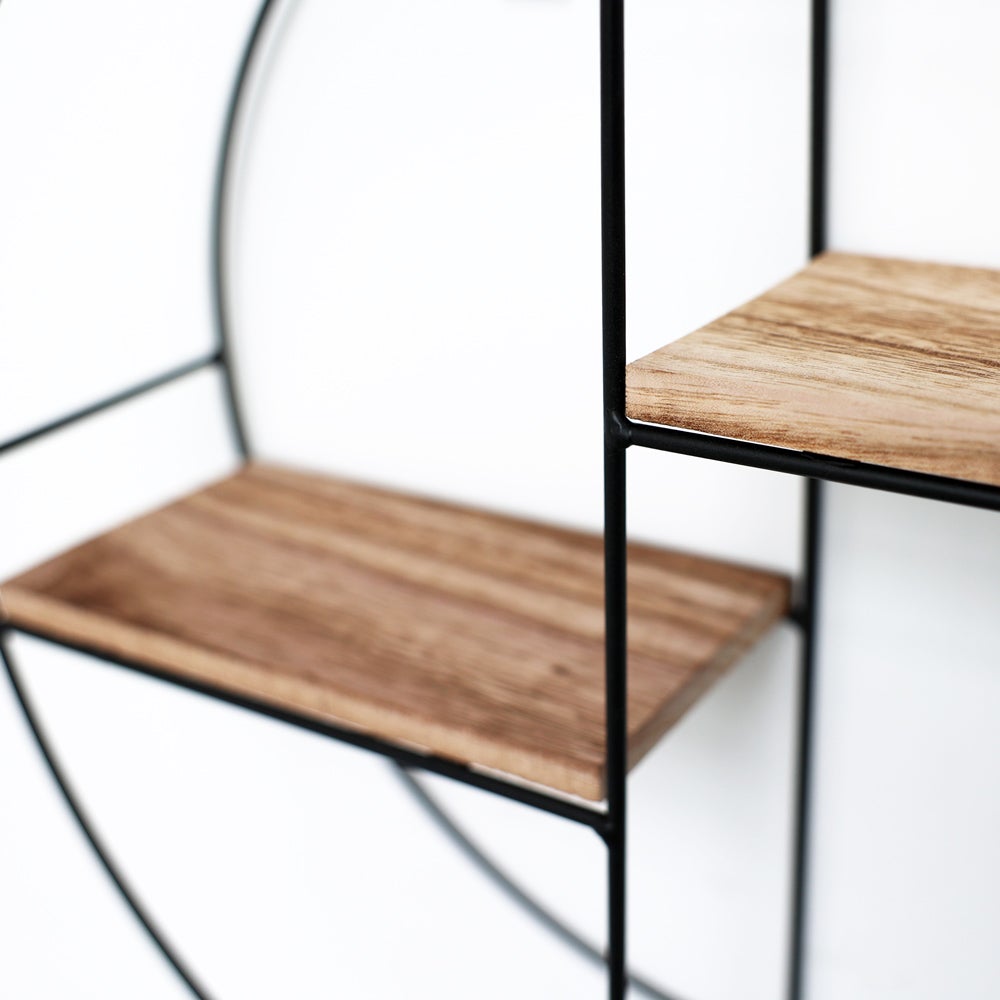 Zwarte metalen wandplank met 2 houten planken - Rond - 37x10 cm