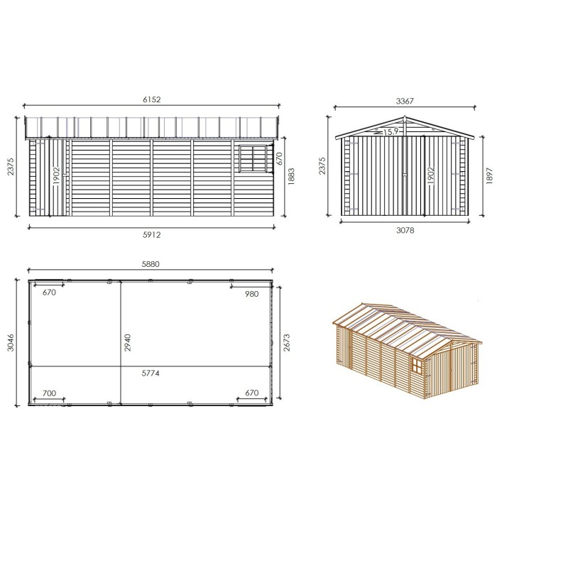 Garage en bois - 18,19m2 - 3,05x5,91m - ep. 18mm - couleur: naturel