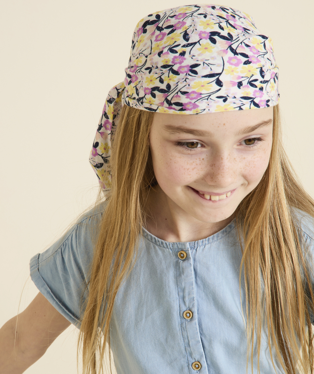lot de 2 foulards fille en coton imprimé fleuri et écru brodé