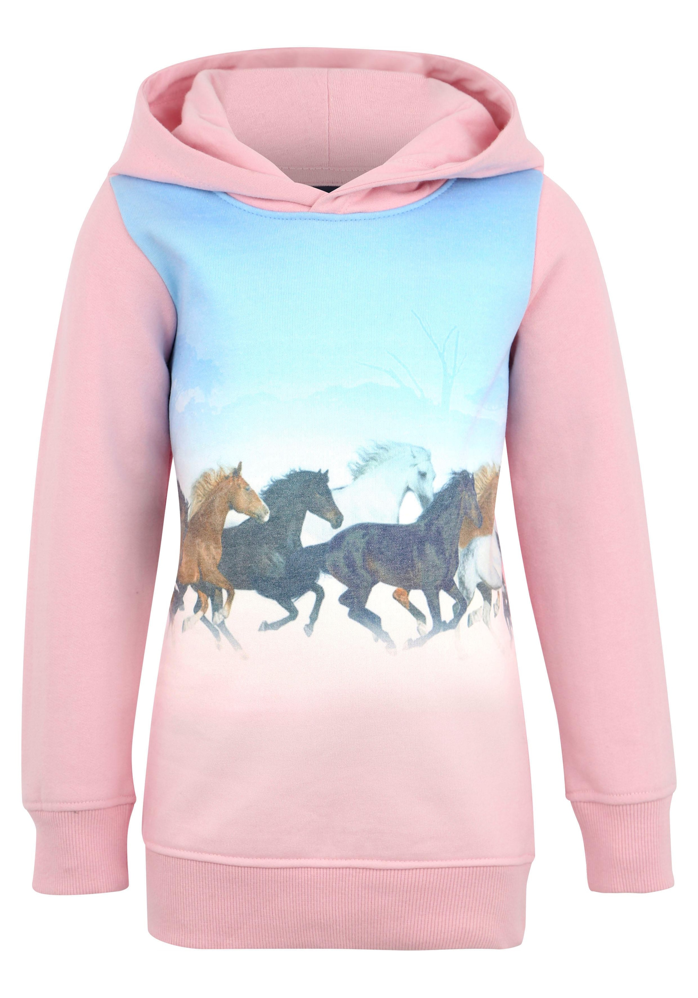 KIDSWORLD Longsweatshirt »für kleine Mädchen«, Langarm,  bedruckt,  mit Kapuze,  aus angerauter Sweatware